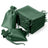 Green satin drawstring bags and flat pouches stacked together.