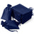 Navy satin gift bags and pouches stacked neatly on a white background.
