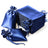 Navy satin drawstring bags and napkins arranged neatly on a white background