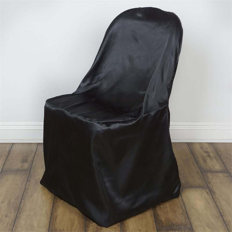 Black satin chair cover, elegant design for events or decor.