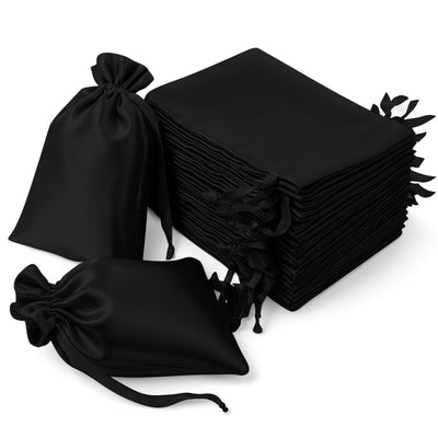60 Pack Black Satin Wedding Party Favor Bags, Drawstring Pouch Gift Bags 6"x9"