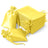 Yellow satin drawstring bags stacked with two bags in front.