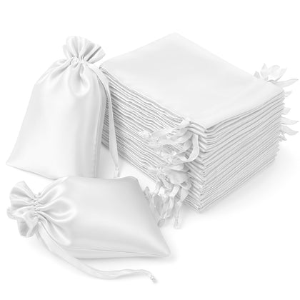 60 Pack White Satin Wedding Party Favor Bags, Drawstring Pouch Gift Bags 6"x9"