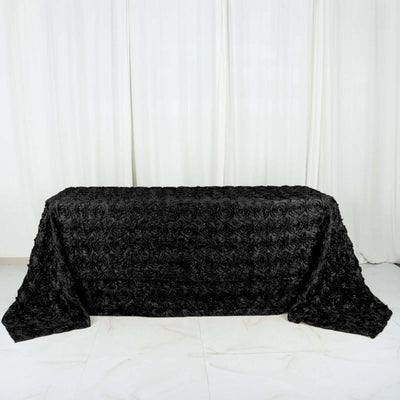 Satin Rectangle Tablecloth 90"x132" Black with Grandiose 3D Rosette Design - Seamless Table Cover for Stylish Events
