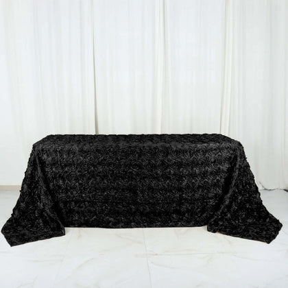 Satin Rectangle Tablecloth 90"x132" Black with Grandiose 3D Rosette Design - Seamless Table Cover for Stylish Events
