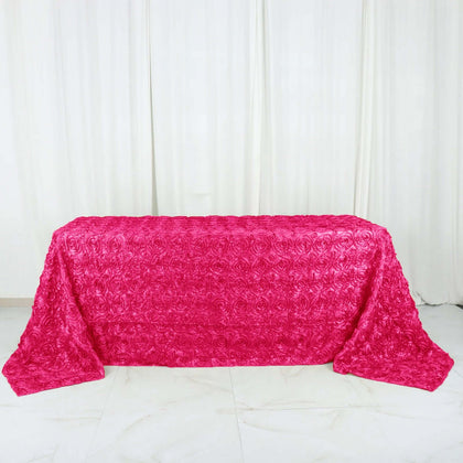 Satin Rectangle Tablecloth 90"x132" Fuchsia - Grandiose 3D Rosette Table Cover