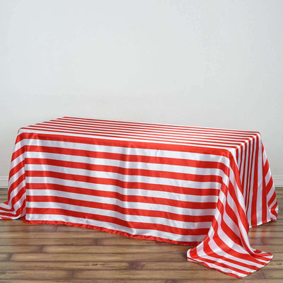 Satin Rectangle Tablecloth 90"x132" Red/White Striped Design - Durable & Seamless Table Cover for Modern Tablescapes
