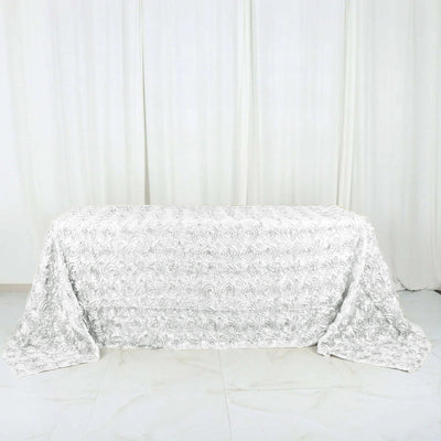 Satin Rectangle Tablecloth 90"x132" White with Grandiose 3D Rosette Design - Seamless Table Cover for Stylish Events