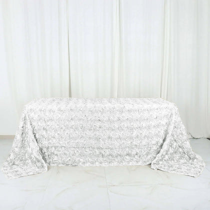 Satin Rectangle Tablecloth 90"x132" White with Grandiose 3D Rosette Design - Seamless Table Cover for Stylish Events