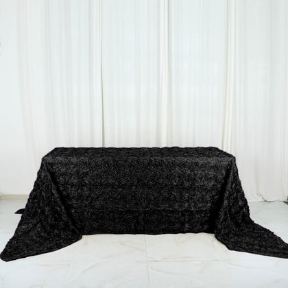 Satin Rectangle Tablecloth 90"x156" Black with Grandiose 3D Rosette Design - Seamless Table Cover