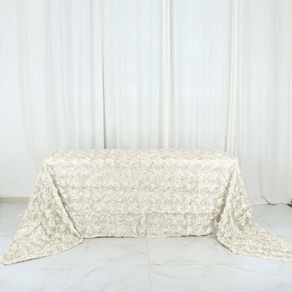 Satin Rectangle Tablecloth 90"x156" Ivory with Grandiose 3D Rosette Design - Seamless Table Cover