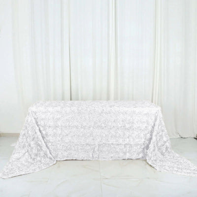 Satin Rectangle Tablecloth 90"x156" White with Grandiose 3D Rosette Design - Seamless Table Cover for Upscale Occasions
