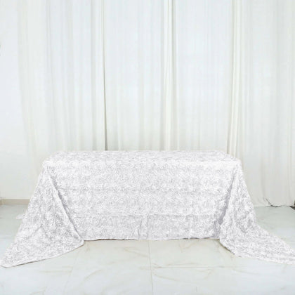 Satin Rectangle Tablecloth 90"x156" White with Grandiose 3D Rosette Design - Seamless Table Cover for Upscale Occasions
