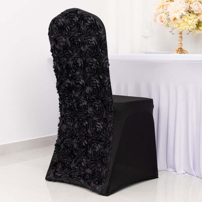 Satin Rosette Spandex Stretch Banquet Chair Cover Black - Fitted Slip-On Slipcover