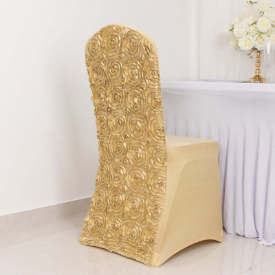 Satin Rosette Spandex Stretch Banquet Chair Cover Champagne - Fitted Slip-On Slipcover