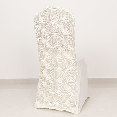 Satin Rosette Spandex Stretch Banquet Chair Cover Ivory - Fitted Slip-On Slipcover