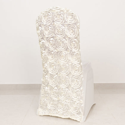 Satin Rosette Spandex Stretch Banquet Chair Cover Ivory - Fitted Slip-On Slipcover