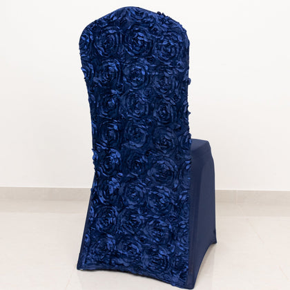 Satin Rosette Spandex Stretch Banquet Chair Cover Navy Blue - Fitted Slip-On Slipcover