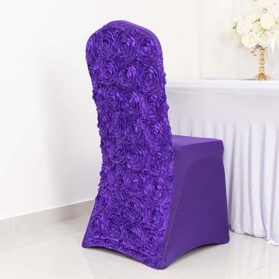 Satin Rosette Spandex Stretch Banquet Chair Cover Purple - Fitted Slip-On Slipcover