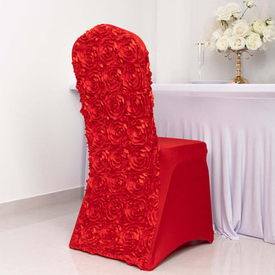 Satin Rosette Spandex Stretch Banquet Chair Cover Red - Fitted Slip-On Slipcover