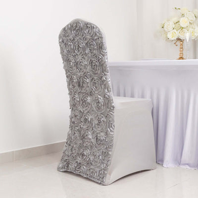 Satin Rosette Spandex Stretch Banquet Chair Cover Silver - Fitted Slip-On Slipcover