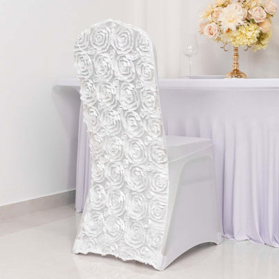 Satin Rosette Spandex Stretch Banquet Chair Cover White - Fitted Slip-On Slipcover for Weddings & Events