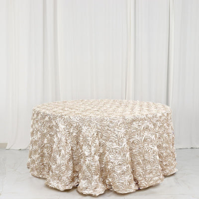 Satin Round Tablecloth 120" Beige - Grandiose 3D Rosette Table Cover