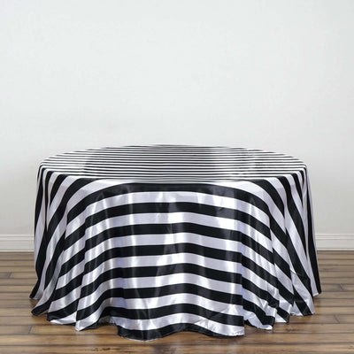 Satin Round Tablecloth 120" Black/White Striped Design - Durable & Seamless Table Cover