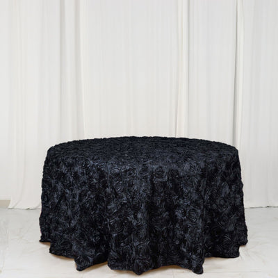 Satin Round Tablecloth 120" Black with Grandiose 3D Rosette Design - Seamless Finish for Refined Weddings