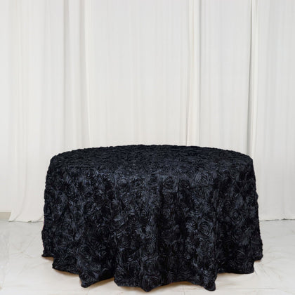 Satin Round Tablecloth 120" Black with Grandiose 3D Rosette Design - Seamless Finish for Refined Weddings