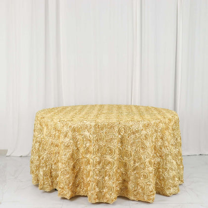 Satin Round Tablecloth 120" Champagne - Grandiose 3D Rosette Table Cover