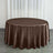 Brown satin round tablecloth on a wooden floor.