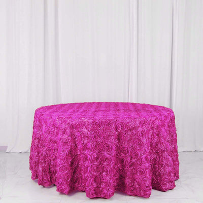 Satin Round Tablecloth 120" Fuchsia - Grandiose 3D Rosette Table Cover