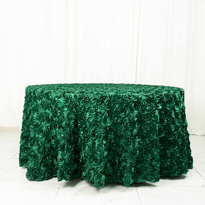 Satin Round Tablecloth 120" Hunter Emerald Green - Grandiose 3D Rosette Table Cover