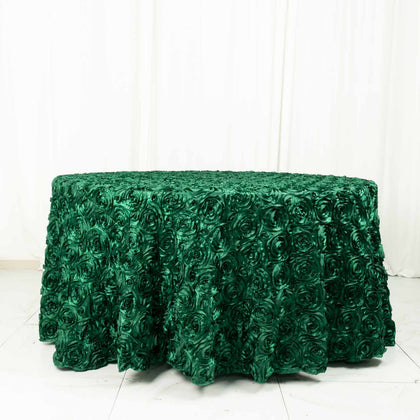 Satin Round Tablecloth 120" Hunter Emerald Green - Grandiose 3D Rosette Table Cover