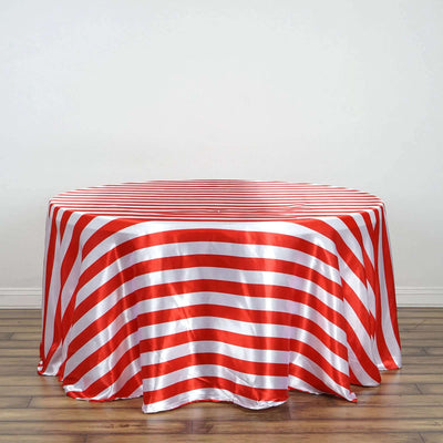 Satin Round Tablecloth 120" Red/White Striped Design - Durable & Seamless Table Cover
