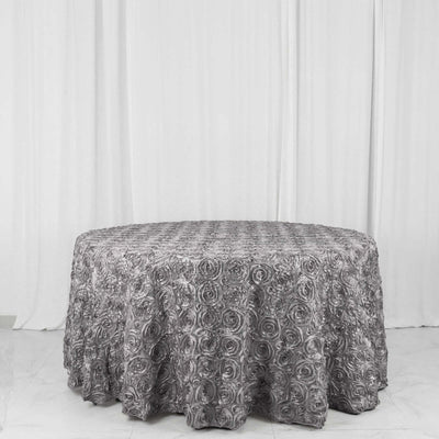 Satin Round Tablecloth 120" Silver - Grandiose 3D Rosette Table Cover