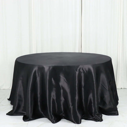 Satin Round Tablecloth 132" Black - Classy Seamless Table Cover for Weddings & Events