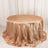 Round satin table cover in champagne color, elegantly draped.