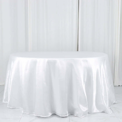 Satin Round Tablecloth 132" White - Classy Seamless Table Cover for Weddings & Events