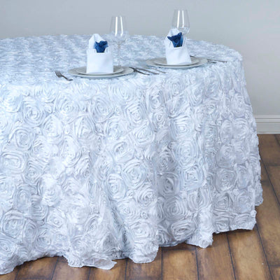 Satin Round Tablecloth 132" White with Grandiose 3D Rosette Design - Seamless Decor for Upscale Celebrations