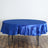 Round blue satin tablecloth draping over a circular table.