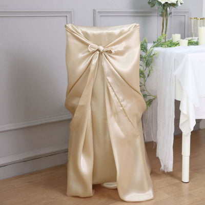 Satin Self-Tie Universal Chair Cover Beige - Reusable Slip-On Slipcover for Folding, Dining, Banquet & Standard Size Chairs