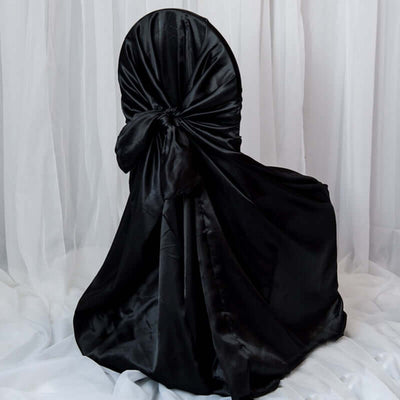 Satin Self-Tie Universal Chair Cover Black - Reusable Slip-On Slipcover for Folding, Dining, Banquet & Standard Size Chairs