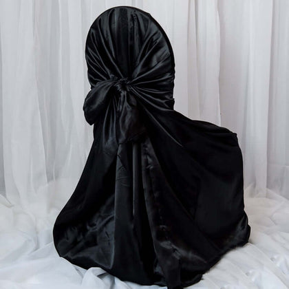 Satin Self-Tie Universal Chair Cover Black - Reusable Slip-On Slipcover for Folding, Dining, Banquet & Standard Size Chairs