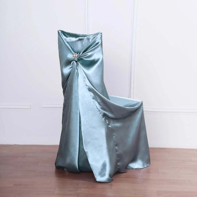Satin Self-Tie Universal Chair Cover Dusty Blue - Reusable Slip-On Slipcover for Folding, Dining, Banquet & Standard Size Chairs