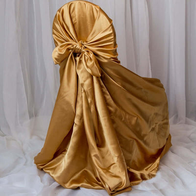 Satin Self-Tie Universal Chair Cover Gold - Reusable Slip-On Slipcover for Folding, Dining, Banquet & Standard Size Chairs