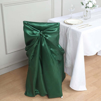 Satin Self-Tie Universal Chair Cover Hunter Emerald Green - Reusable Slip-On Slipcover for Folding, Dining, Banquet & Standard Size Chairs