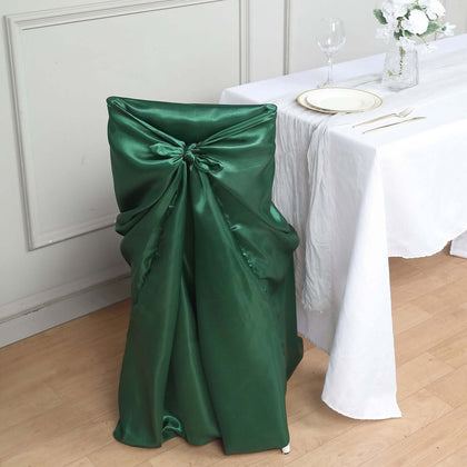 Satin Self-Tie Universal Chair Cover Hunter Emerald Green - Reusable Slip-On Slipcover for Folding, Dining, Banquet & Standard Size Chairs