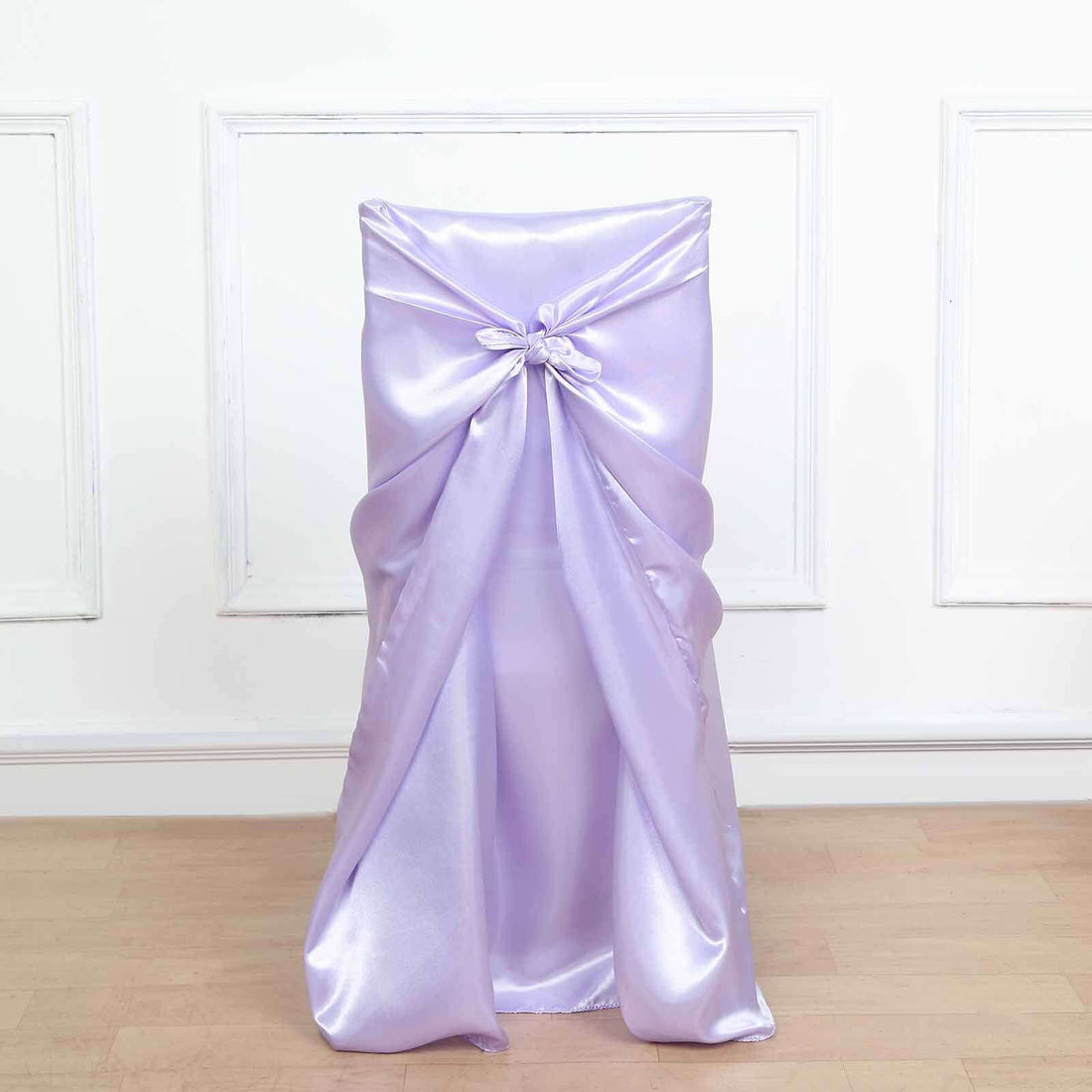 Lavender satin chair cover with decorative bow detail